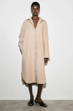 CURVED-SLEEVE COTTON MIDI SHIRT DRESS