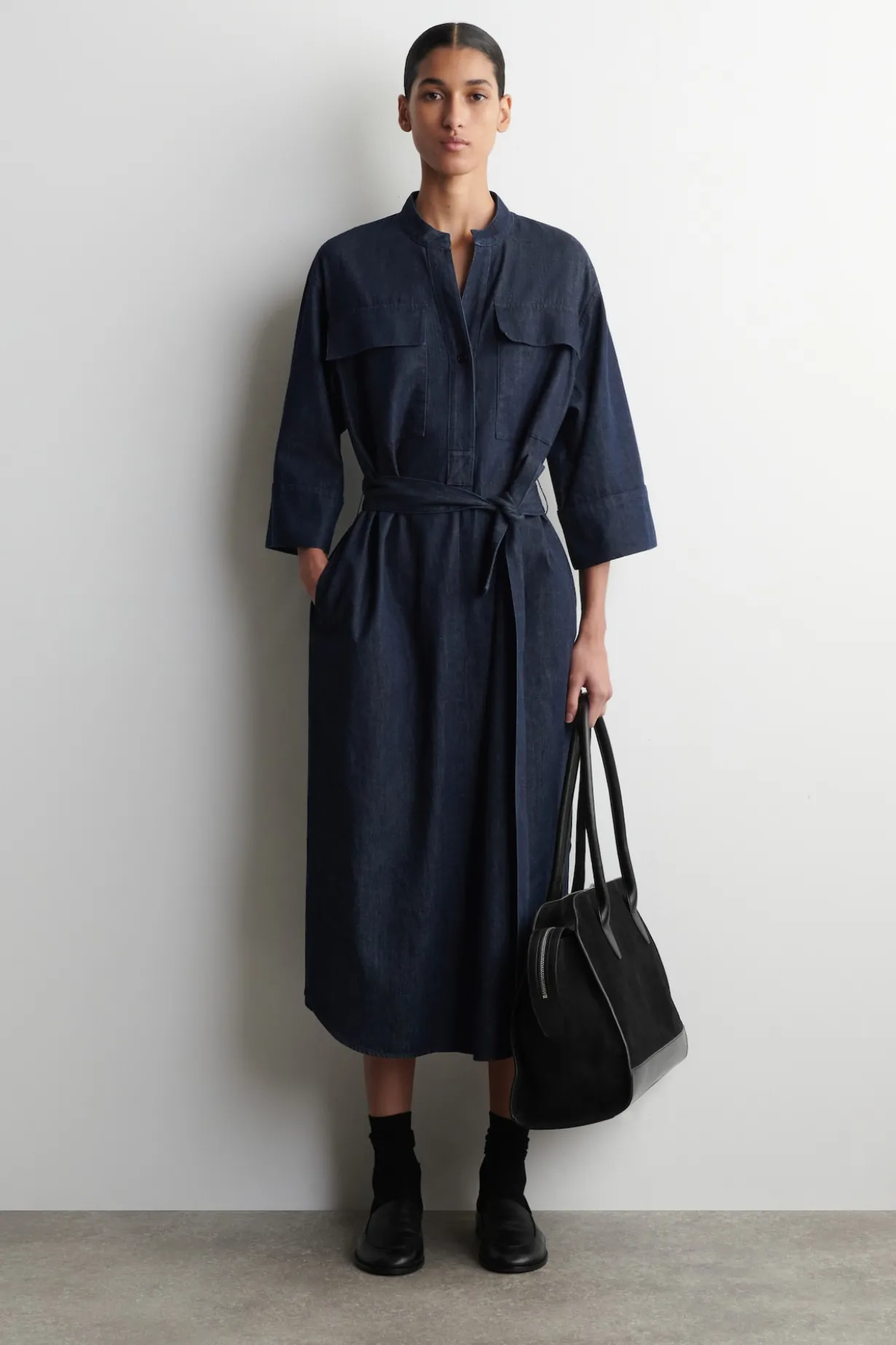 DENIM UTILITY MIDI SHIRT DRESS