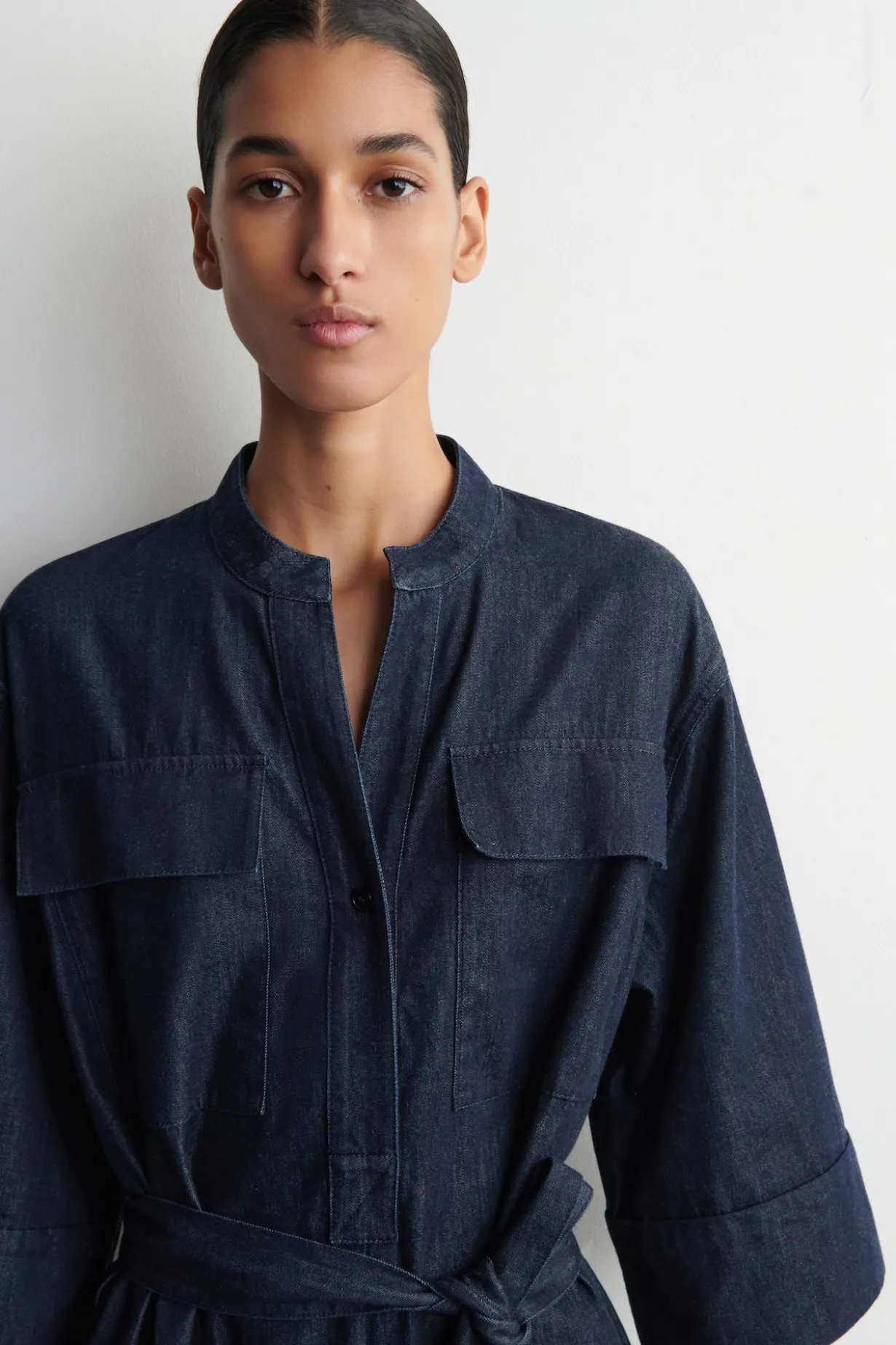 DENIM UTILITY MIDI SHIRT DRESS