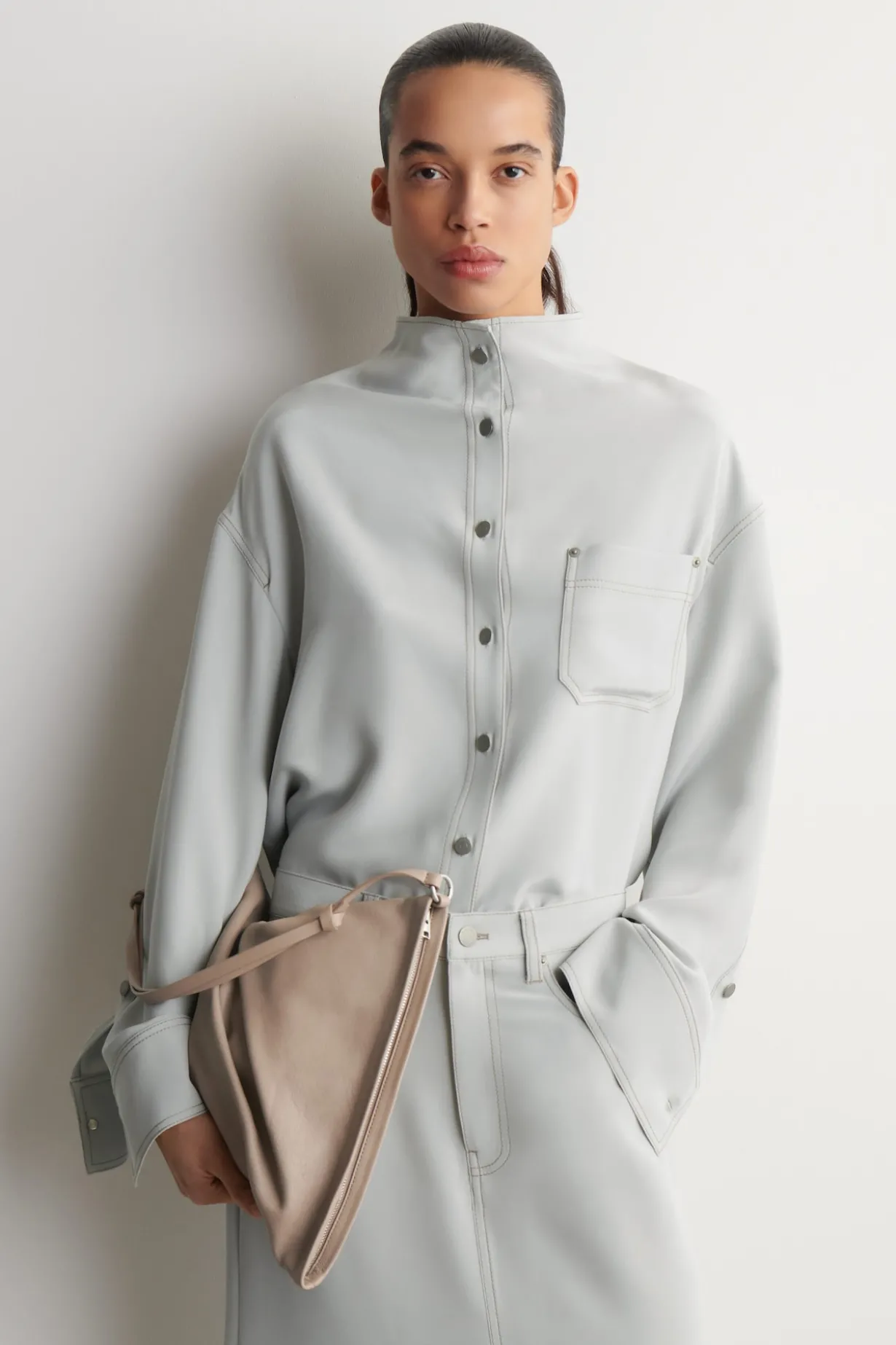 DENIM-EFFECT SILK MOCK-NECK SHIRT