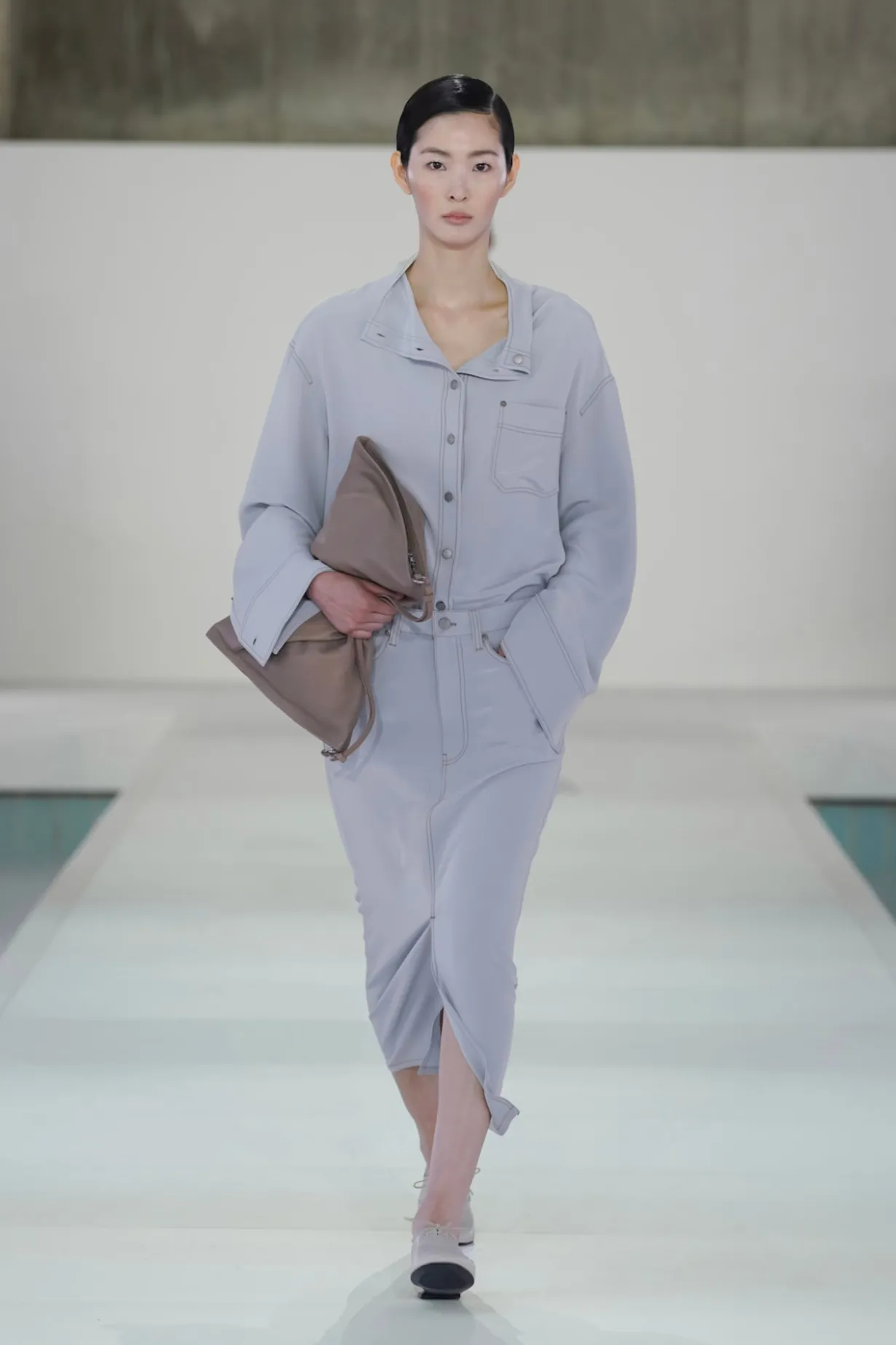 DENIM-EFFECT SILK MOCK-NECK SHIRT