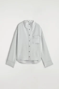 DENIM-EFFECT SILK MOCK-NECK SHIRT