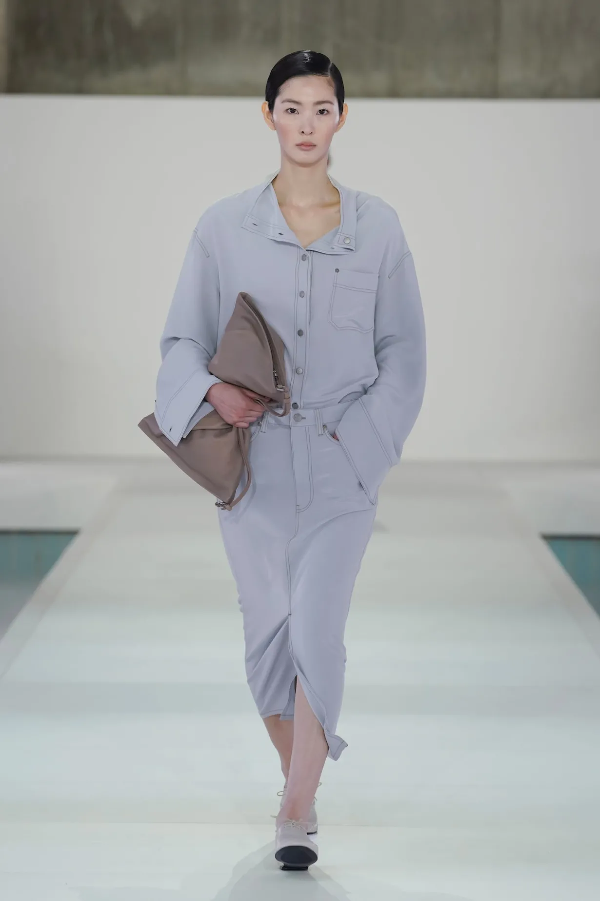 DENIM-EFFECT SILK MOCK-NECK SHIRT