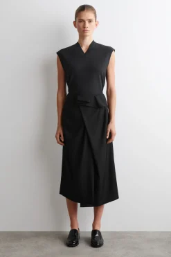 DRAPED WOOL WRAP-EFFECT MIDI SKIRT