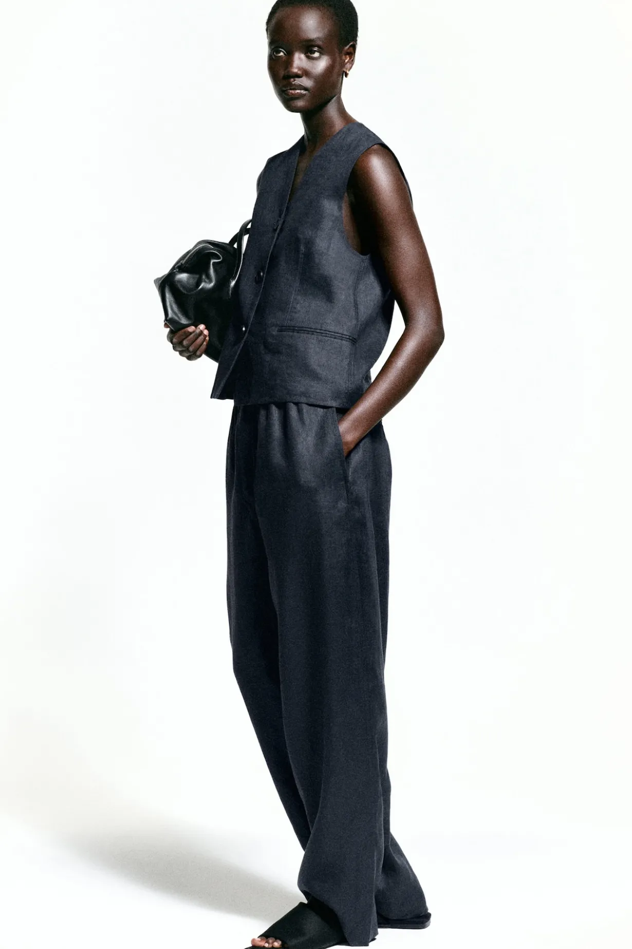 ELASTICATED LINEN BARREL-LEG PANTS