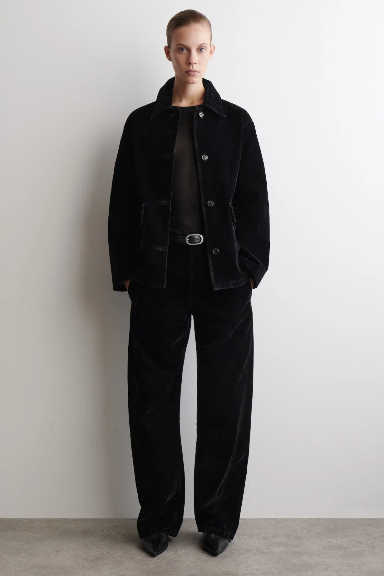 FLOCKED-DENIM BARREL-LEG PANTS