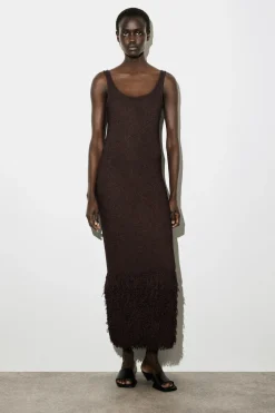 FRINGED-HEM KNITTED COLUMN DRESS