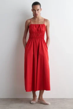 GATHERED COTTON MIDI DRESS
