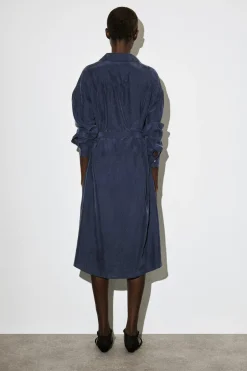 GATHERED CRINKLED-SILK MIDI SHIRT DRESS