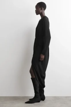 GATHERED MIDI WRAP DRESS
