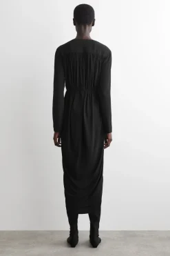 GATHERED MIDI WRAP DRESS