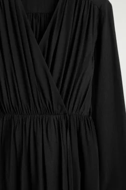 GATHERED MIDI WRAP DRESS