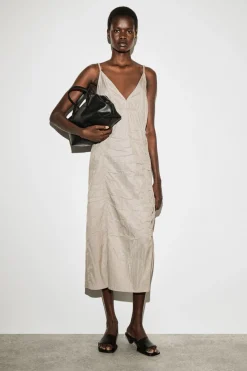 GATHERED SILK-NYLON SLIP DRESS