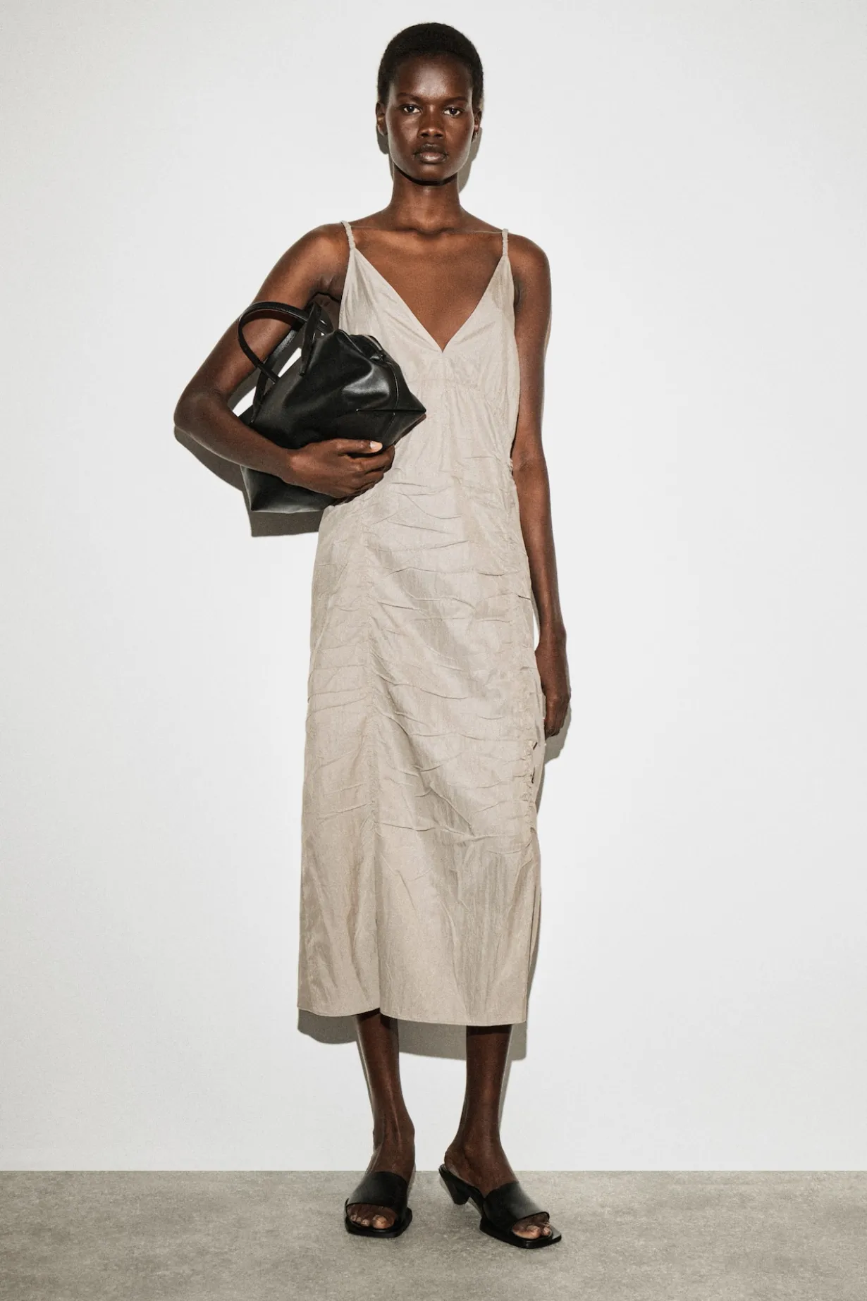 GATHERED SILK-NYLON SLIP DRESS