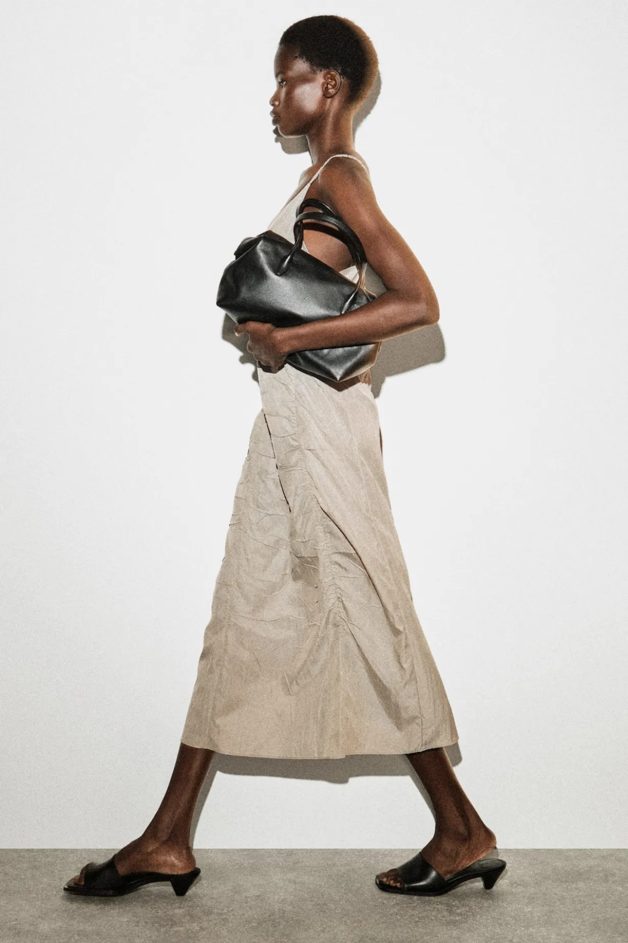 GATHERED SILK-NYLON SLIP DRESS