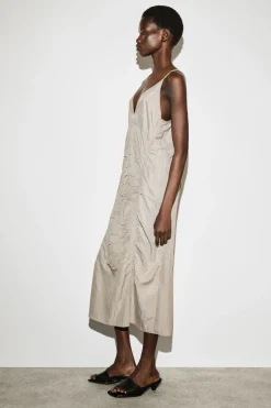 GATHERED SILK-NYLON SLIP DRESS