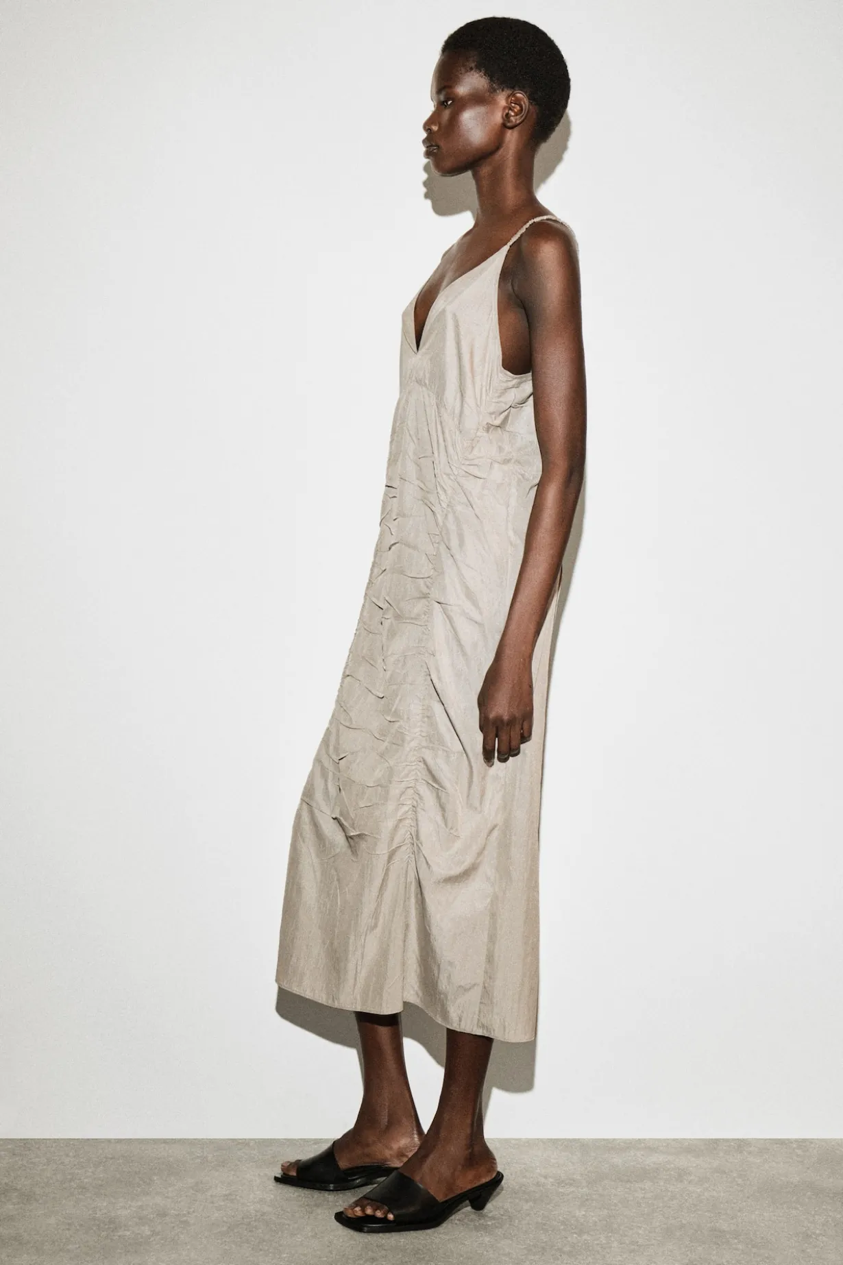 GATHERED SILK-NYLON SLIP DRESS