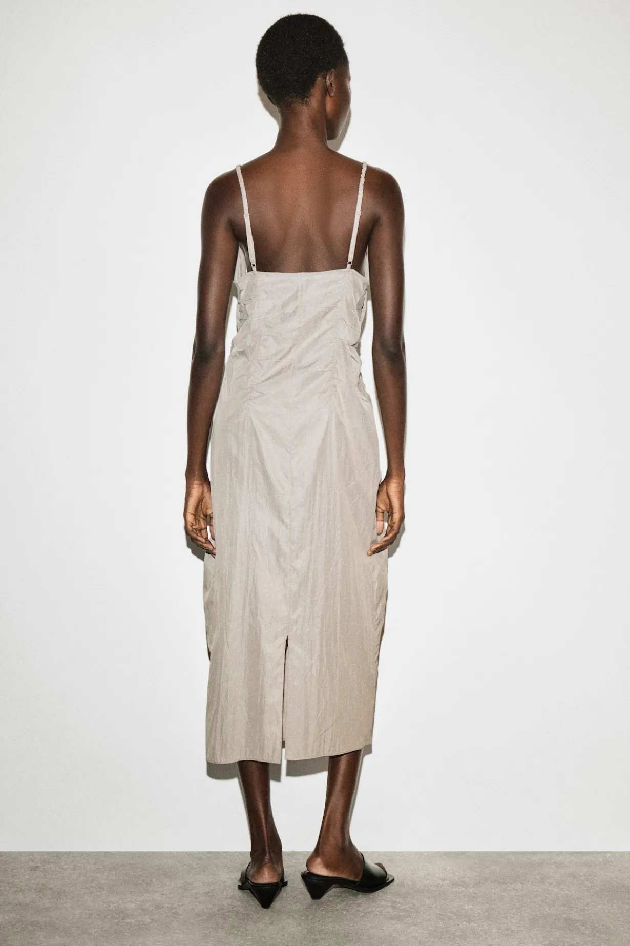GATHERED SILK-NYLON SLIP DRESS