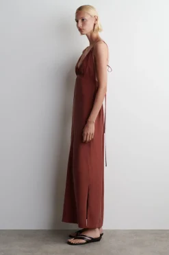 GATHERED V-NECK MAXI DRESS