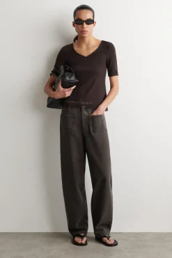 LACE-TRIMMED RIBBED V-NECK T-SHIRT