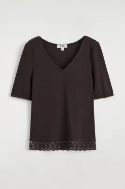 LACE-TRIMMED RIBBED V-NECK T-SHIRT