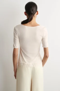 LACE-TRIMMED RIBBED V-NECK T-SHIRT