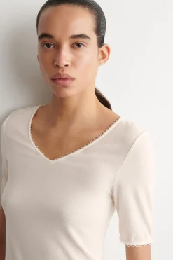 LACE-TRIMMED RIBBED V-NECK T-SHIRT
