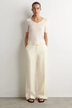 LACE-TRIMMED RIBBED V-NECK T-SHIRT