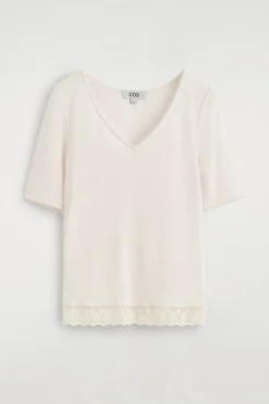 LACE-TRIMMED RIBBED V-NECK T-SHIRT
