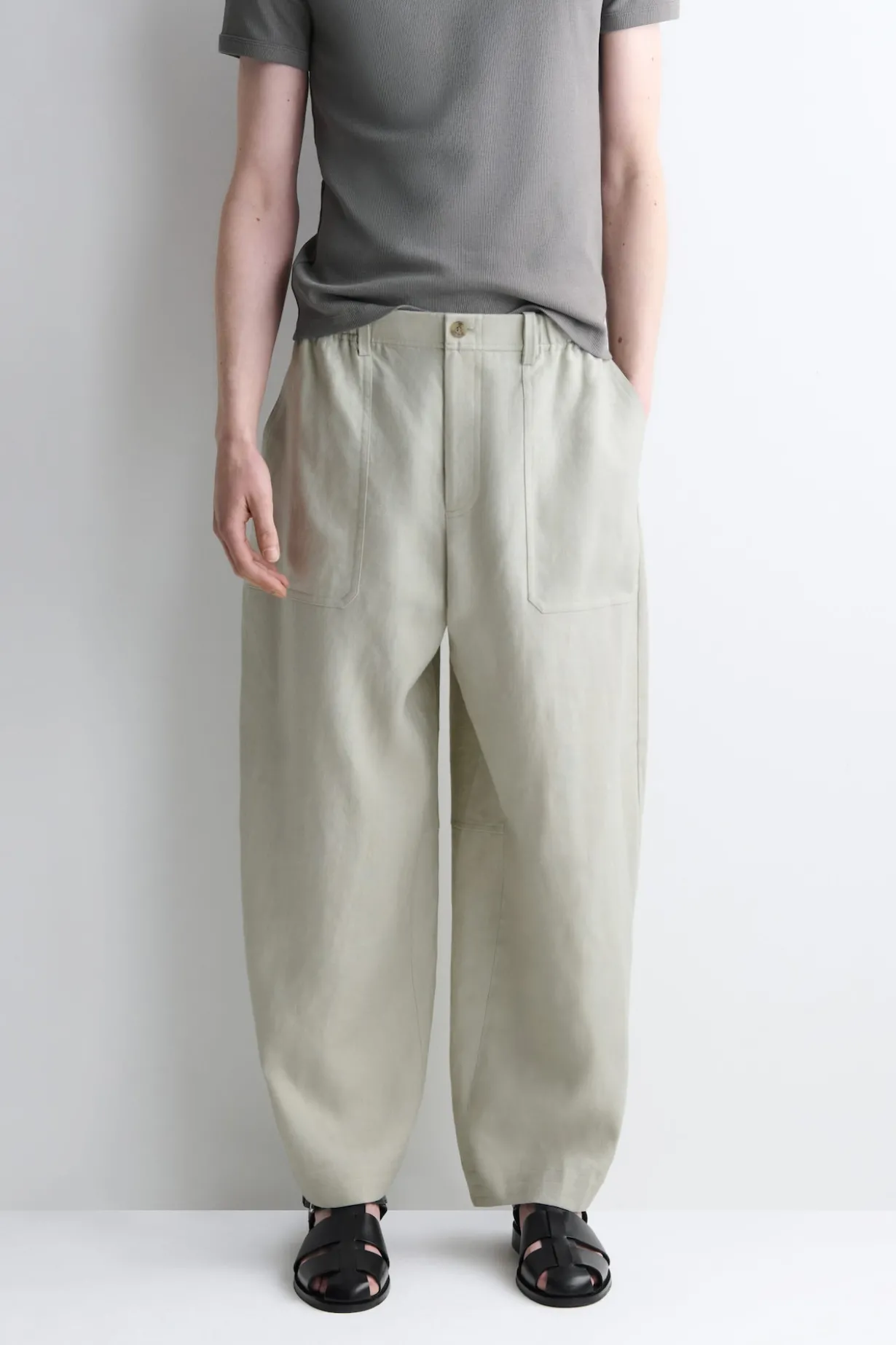 LINEN RELAXED-FIT BARREL-LEG TROUSERS