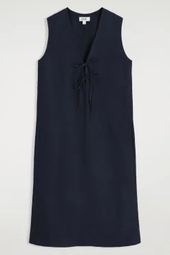 LINEN-BLEND TIE-FRONT MIDI DRESS