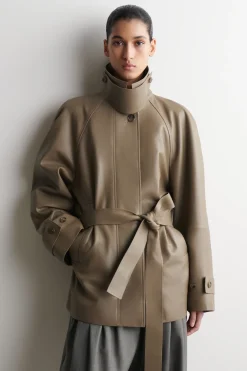 mock-NECK LEATHER SHORT TRENCH COAT