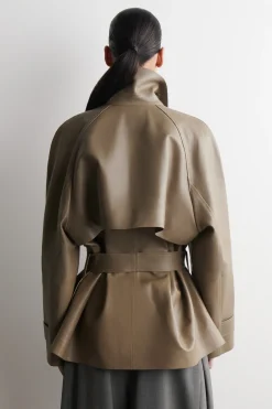 mock-NECK LEATHER SHORT TRENCH COAT