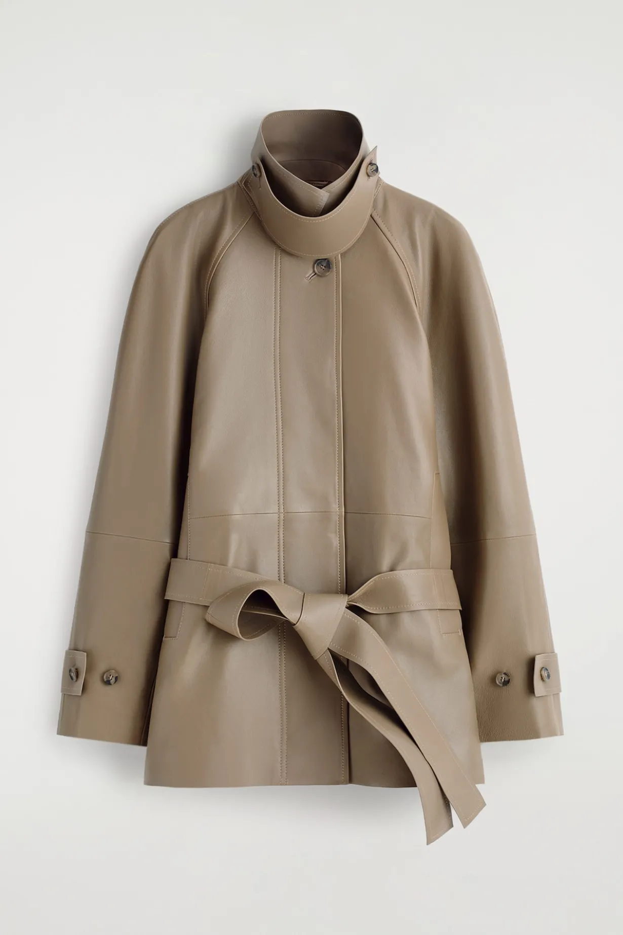 mock-NECK LEATHER SHORT TRENCH COAT