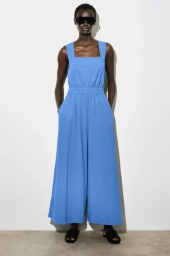 OPEN-BACK SEERSUCKER WIDE-LEG JUMPSUIT
