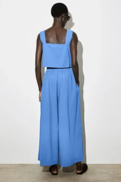 OPEN-BACK SEERSUCKER WIDE-LEG JUMPSUIT