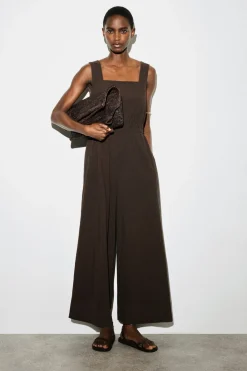 OPEN-BACK SEERSUCKER WIDE-LEG JUMPSUIT