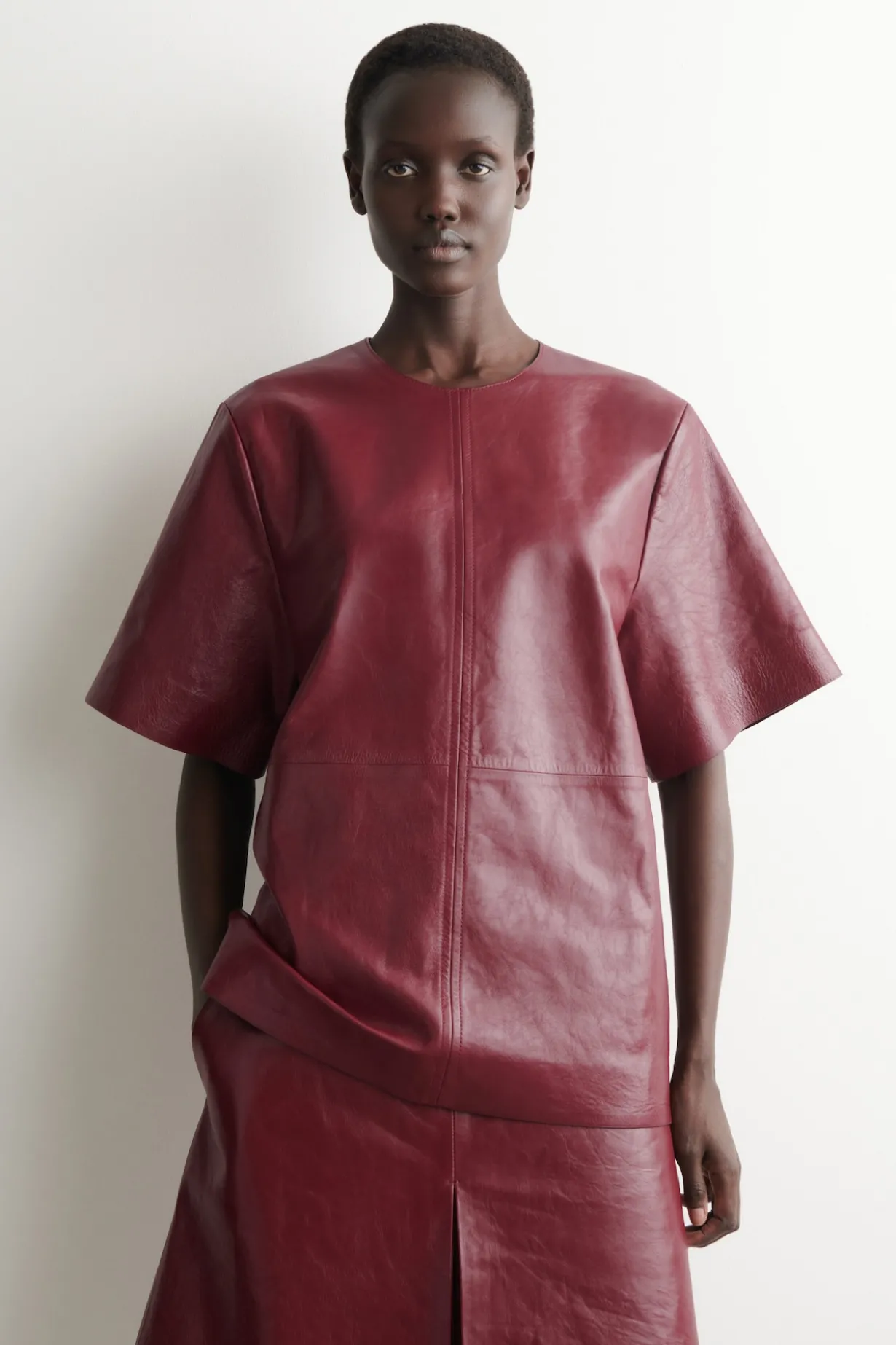 PANELLED TEXTURED-LEATHER T-SHIRT