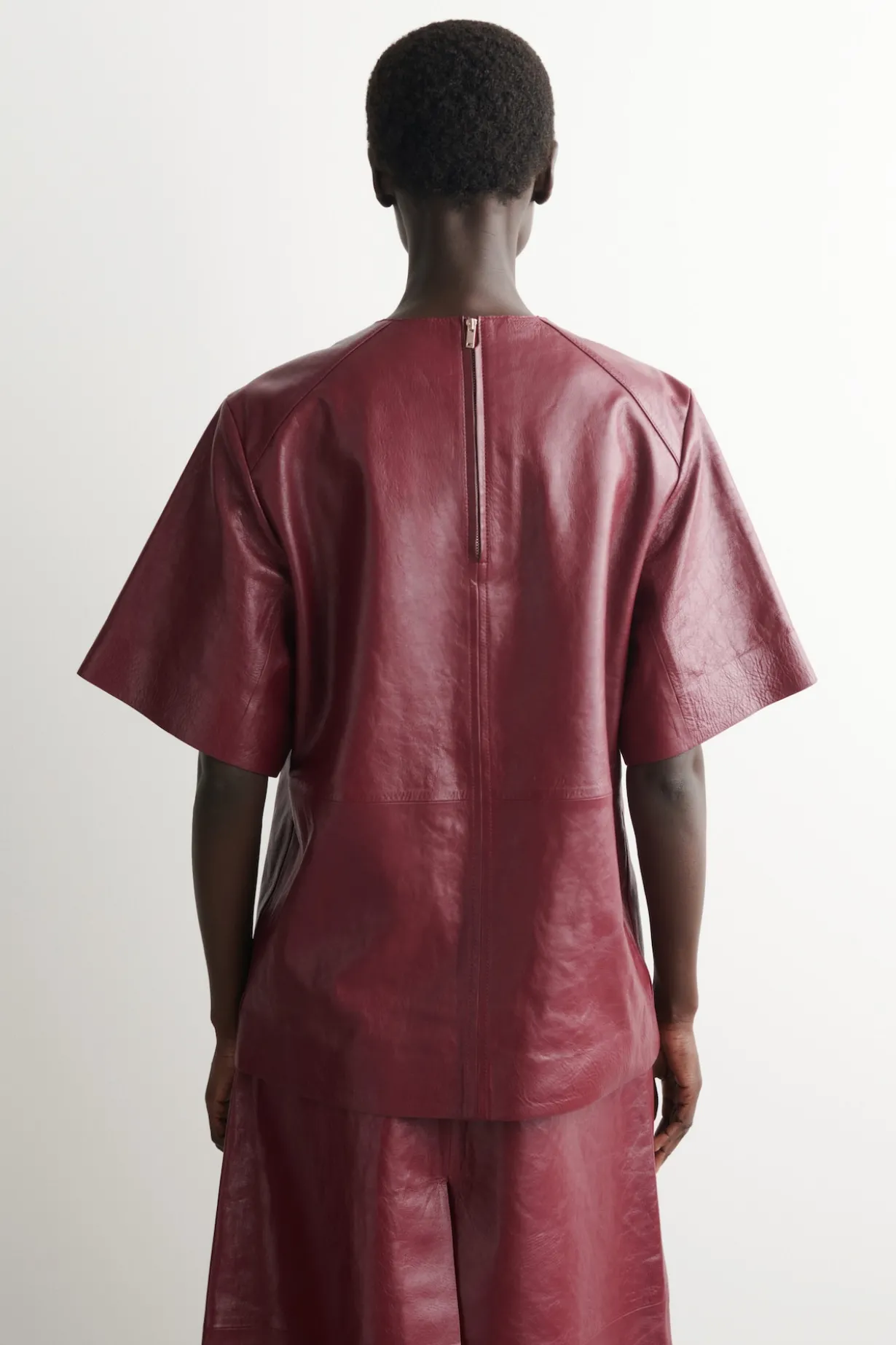 PANELLED TEXTURED-LEATHER T-SHIRT