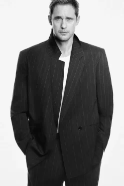 PINSTRIPED DOUBLE-BREASTED BLAZER