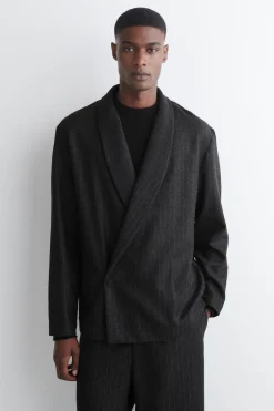 PINSTRIPED WOOL WRAP BLAZER