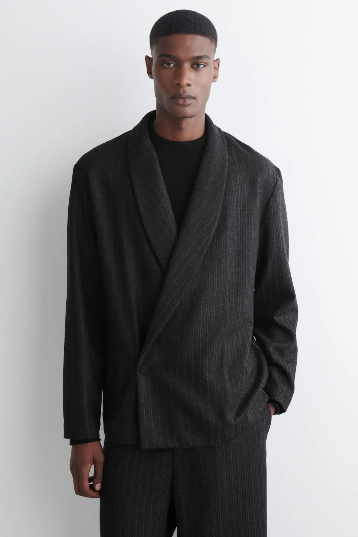 PINSTRIPED WOOL WRAP BLAZER