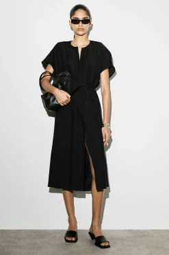 PLEATED BELTED MIDI DRESS