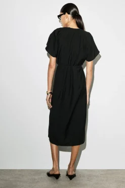 PLEATED BELTED MIDI DRESS