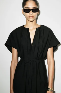 PLEATED BELTED MIDI DRESS