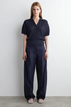 PLEATED COTTON BARREL-LEG TROUSERS