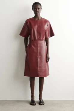 PLEATED TEXTURED-LEATHER MIDI SKIRT