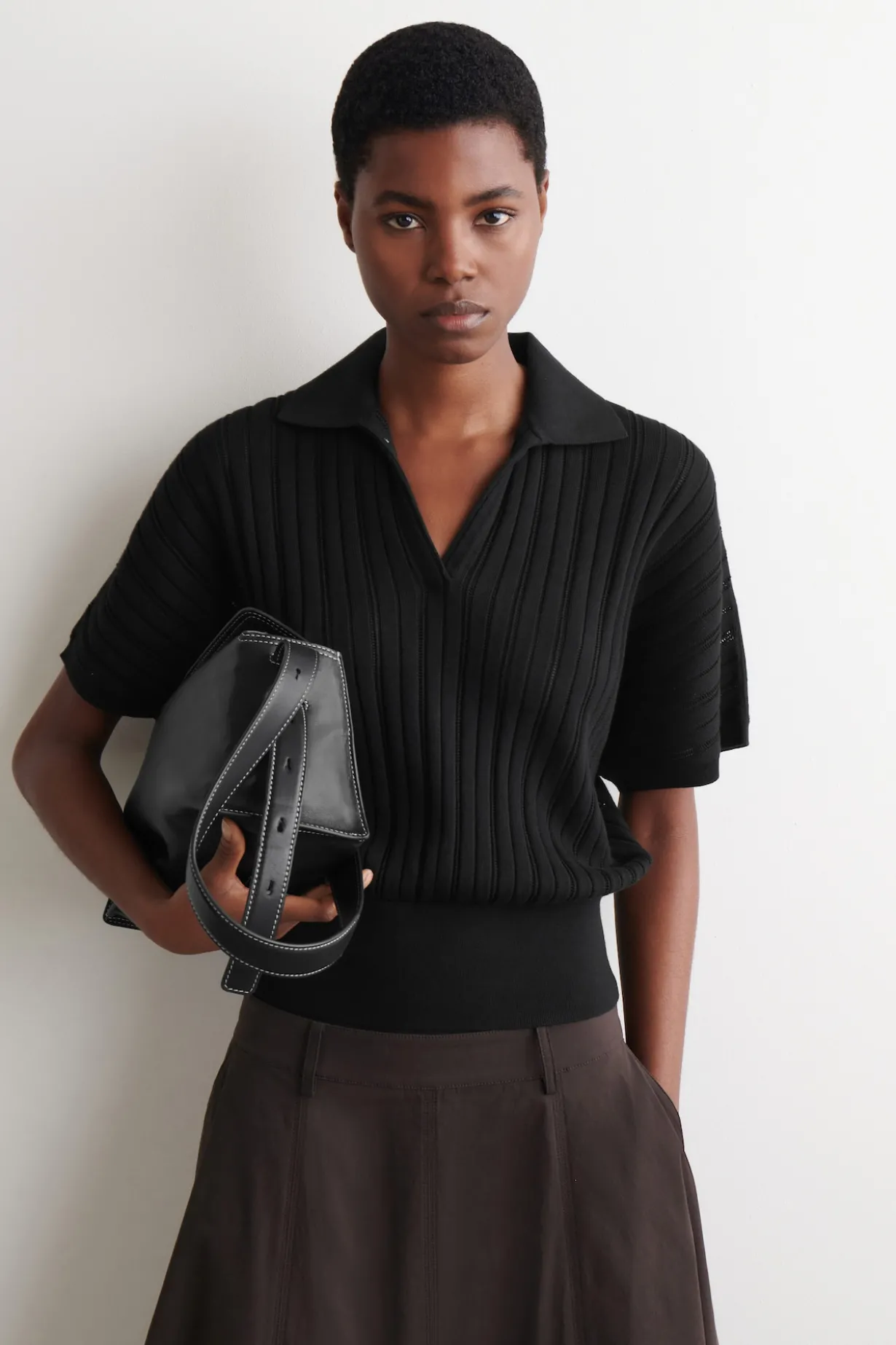 POINTELLE-KNIT COTTON POLO TOP