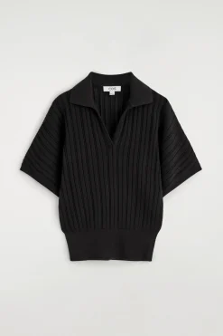 POINTELLE-KNIT COTTON POLO TOP