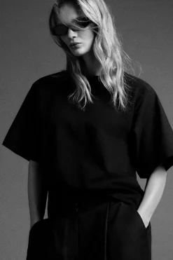 POPLIN-PANELED JERSEY T-SHIRT